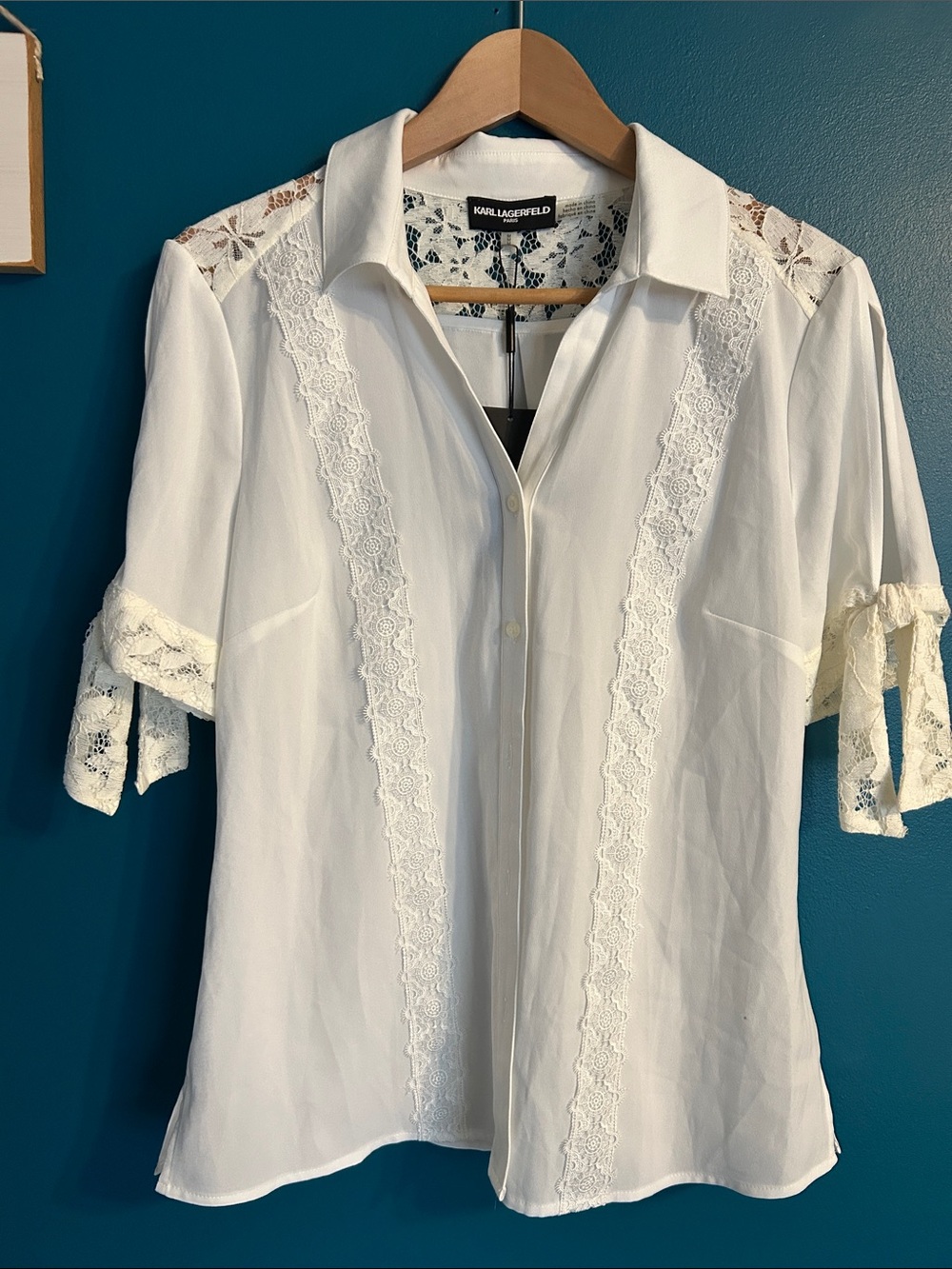 Karl Lagerfeld Ivory Lace-Trim Button Down Shirt